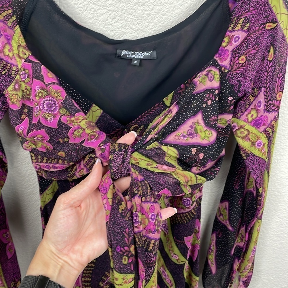 Vintage Betsey Johnson Black Label Floral Long Sleeve Tie Front Dress Y2K Sz 8 - Picture 4 of 12